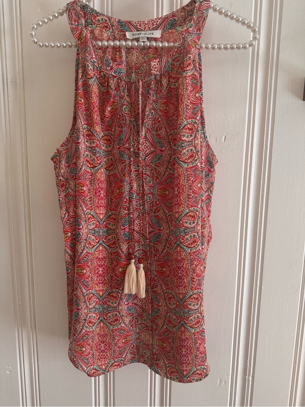 Rose & Olive Coral Pink Paisley Tassel Blouse